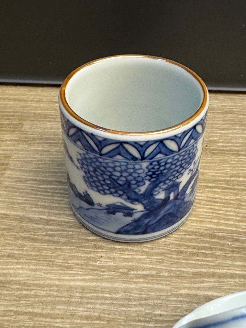 1524 染付青花　湯冷し1  蓋置1  湯呑1