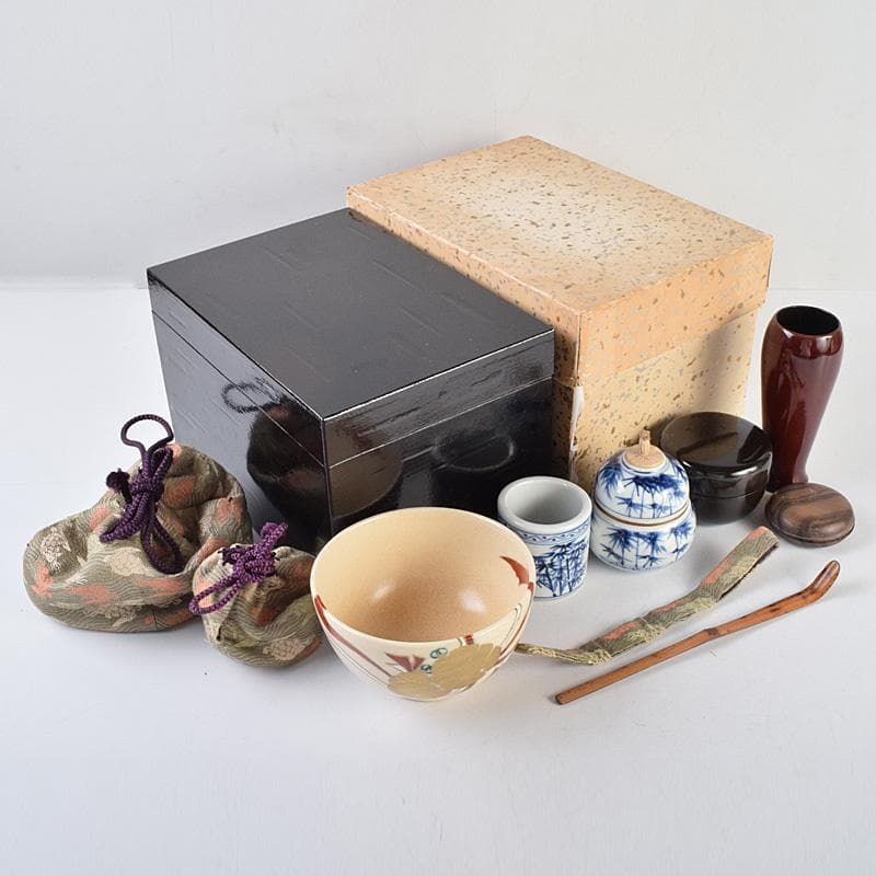 茶道具　利休茶箱　寿楽造　茶碗　西村徳泉造　振出など　七点一式　M　R9321