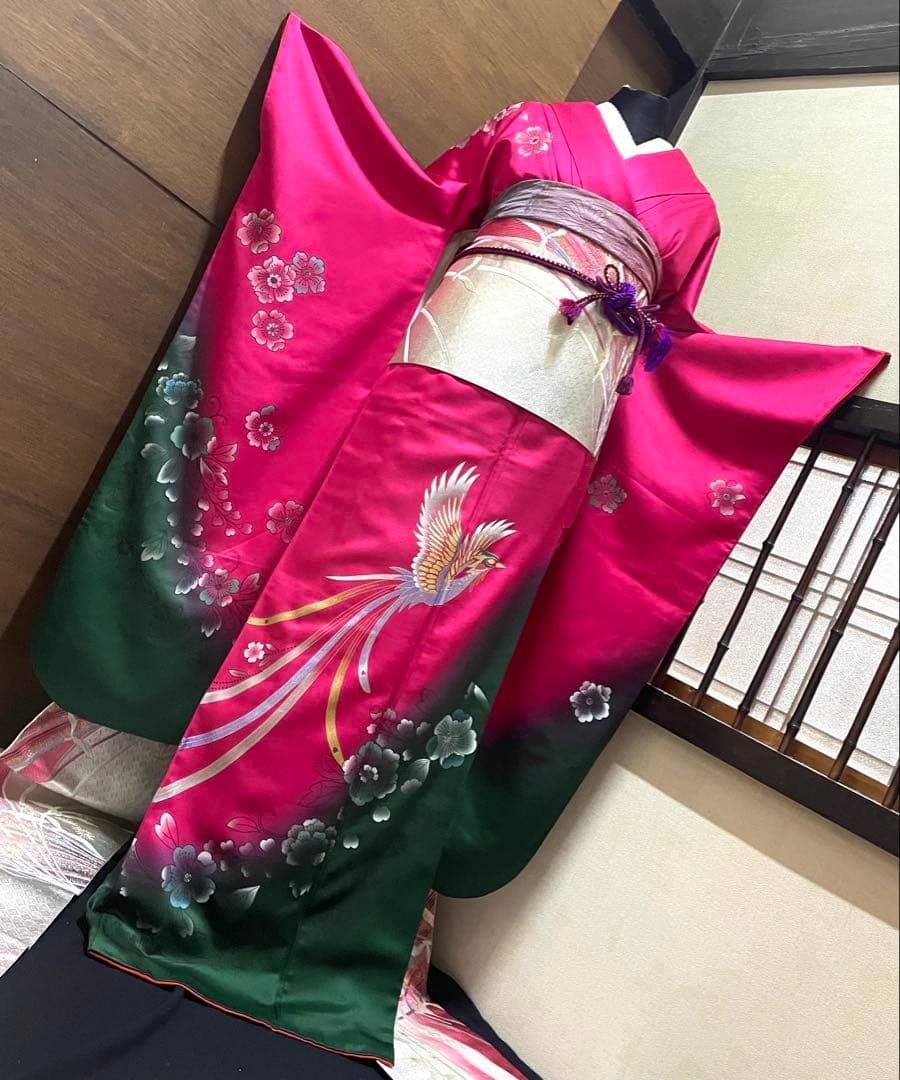 振袖 フルセット6点M〜Ｌ花鳥文　辻が花　暈し染め　金銀彩　正絹