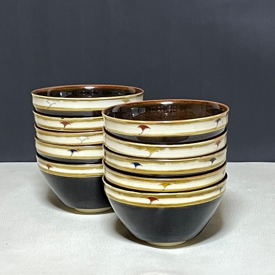 粟田焼 岡田佳山 銀杏画 数茶碗 十客 共箱 抹茶碗 茶道具 【k3468】
