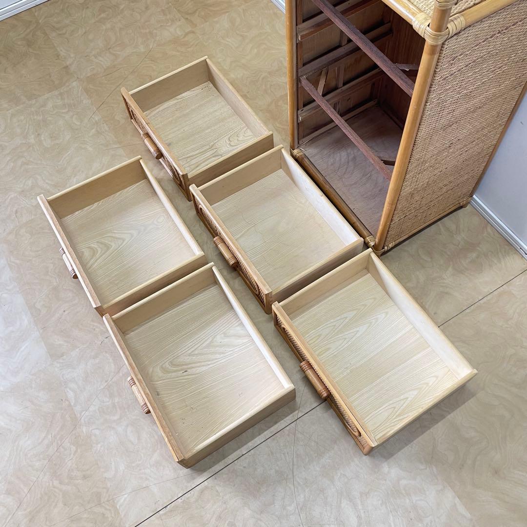 籐 ラタン 5段チェスト 引き出し 収納 タンス 電話台 スリム ビンテージ