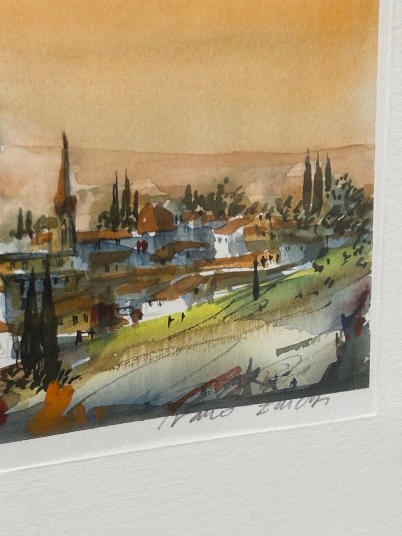 水彩画 イタリアのフィレンツェの街並 サイン入り