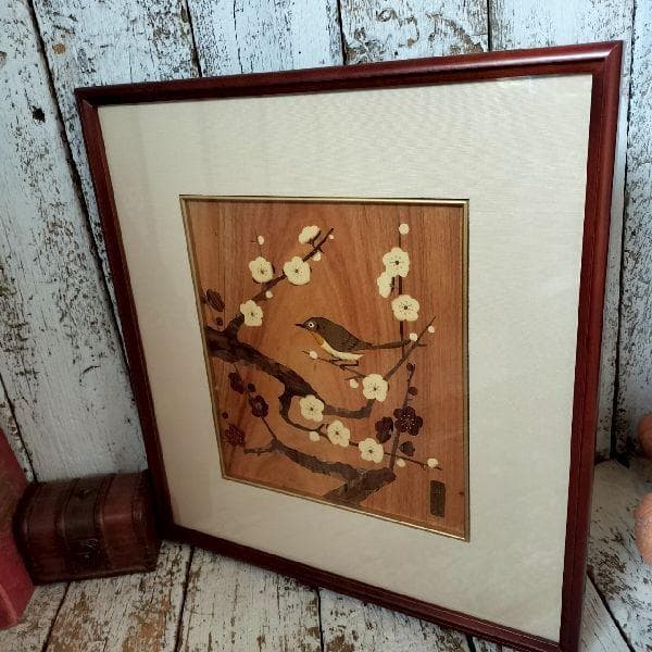 箱根 寄木細工 貞人 木象嵌 梅に鶯 木画 額装 無垢材 伝統工芸 ウグイス