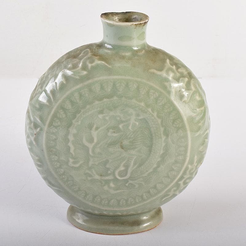 中国　龍泉窯　青磁　陽刻　龍鳳凰花文　扁壷　V　R7826