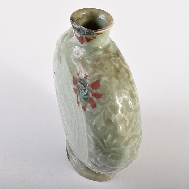 中国　龍泉窯　青磁　陽刻　龍鳳凰花文　扁壷　V　R7826