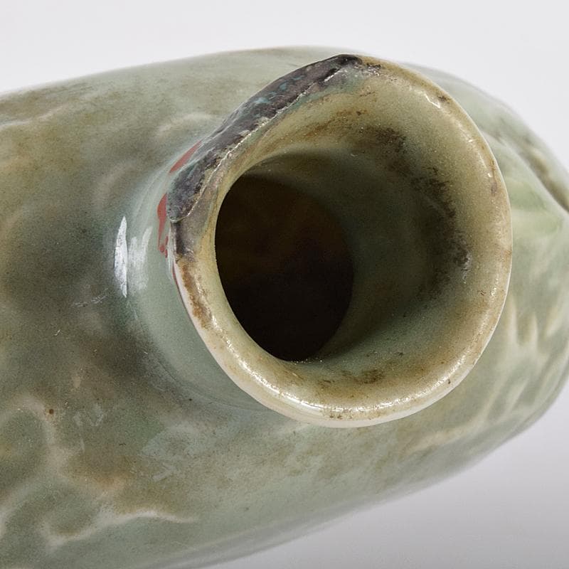 中国　龍泉窯　青磁　陽刻　龍鳳凰花文　扁壷　V　R7826