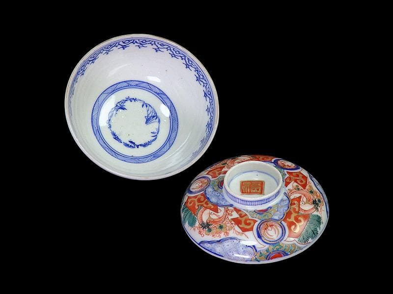 古伊万里　金襴手　若松に梅　舞鶴の図　大振蓋茶碗　２客　E170AS-fbtg