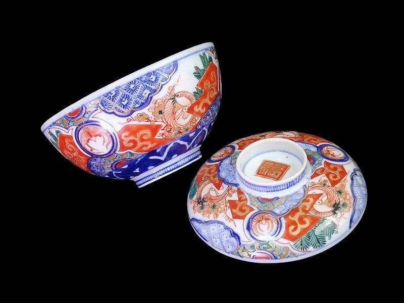 古伊万里　金襴手　若松に梅　舞鶴の図　大振蓋茶碗　２客　E170AS-fbtg