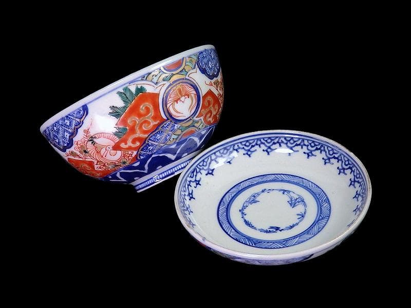 古伊万里　金襴手　若松に梅　舞鶴の図　大振蓋茶碗　２客　E170AS-fbtg