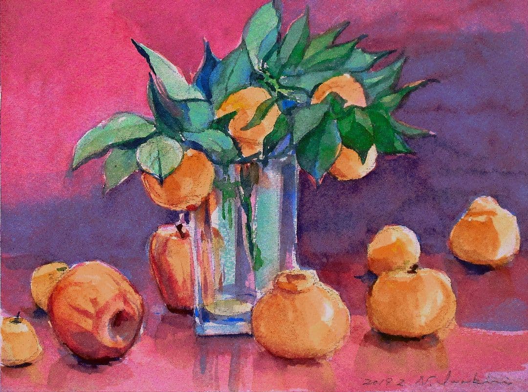 果物の静物 水彩画 額縁付き