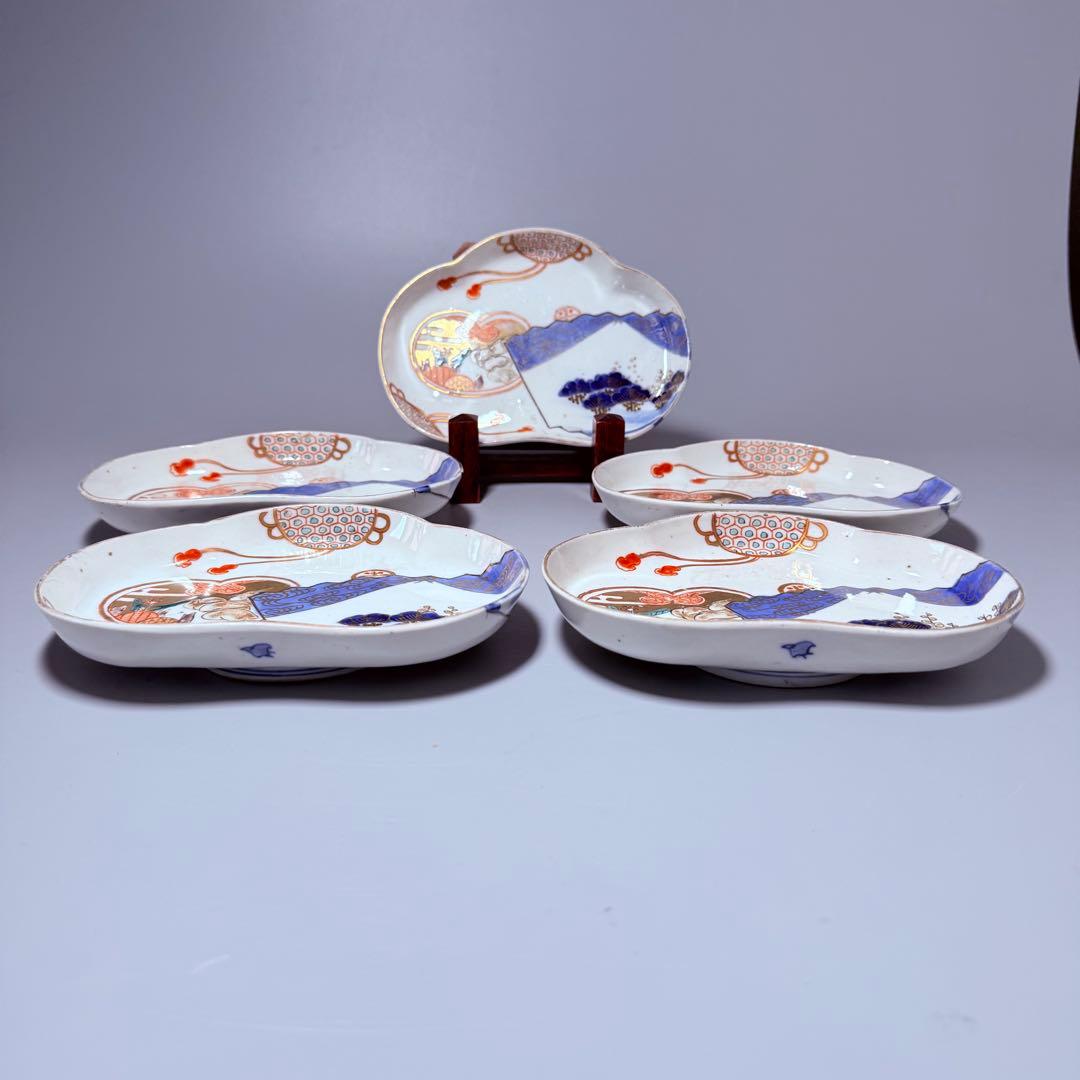 幕末～明治期　角冨　色絵扇絵変形皿　五客　裏千鳥文　金襴手　古器を楽しむ