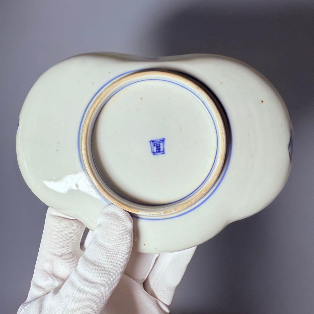 幕末～明治期　角冨　色絵扇絵変形皿　五客　裏千鳥文　金襴手　古器を楽しむ