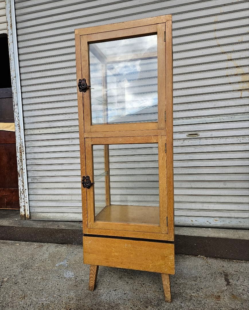 ヴィンテージ ガラスのパンケース 陳列 ショーケ－ス 飾り棚 店舗什器 無垢材