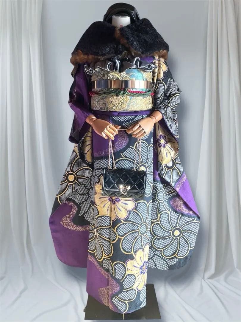 SURF様 手絞り 金駒刺繍 高貴紫 ファーショール付き 振袖 安心セット