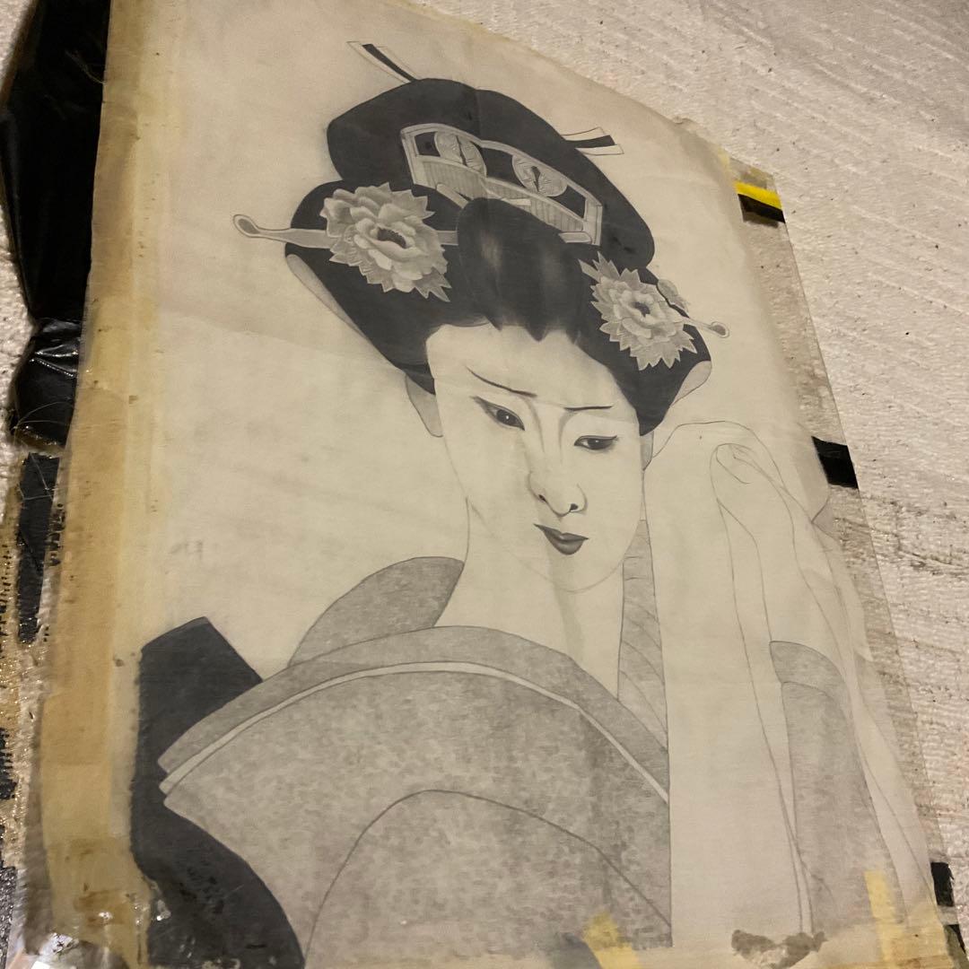 布絵　日本髪女性　【テープ痕、破れあり、折れあり】