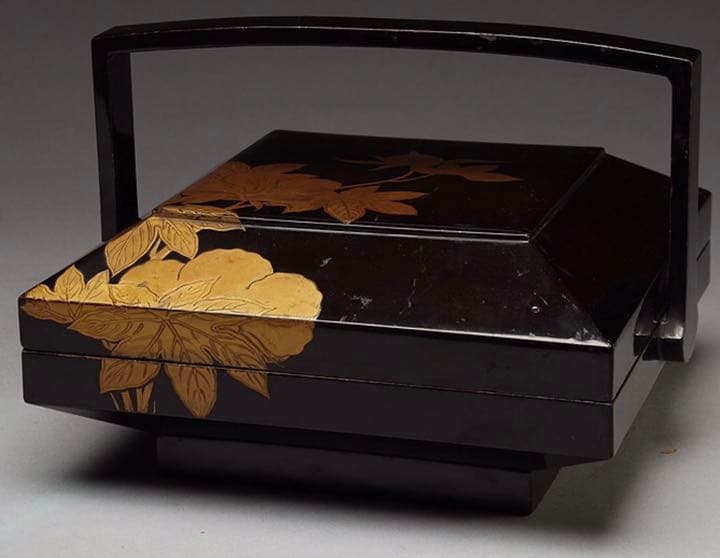 江戸後期〜明治期　高級茶道具　木箱付アンティーク木黒漆塗 草花蒔絵 提梁蓋付