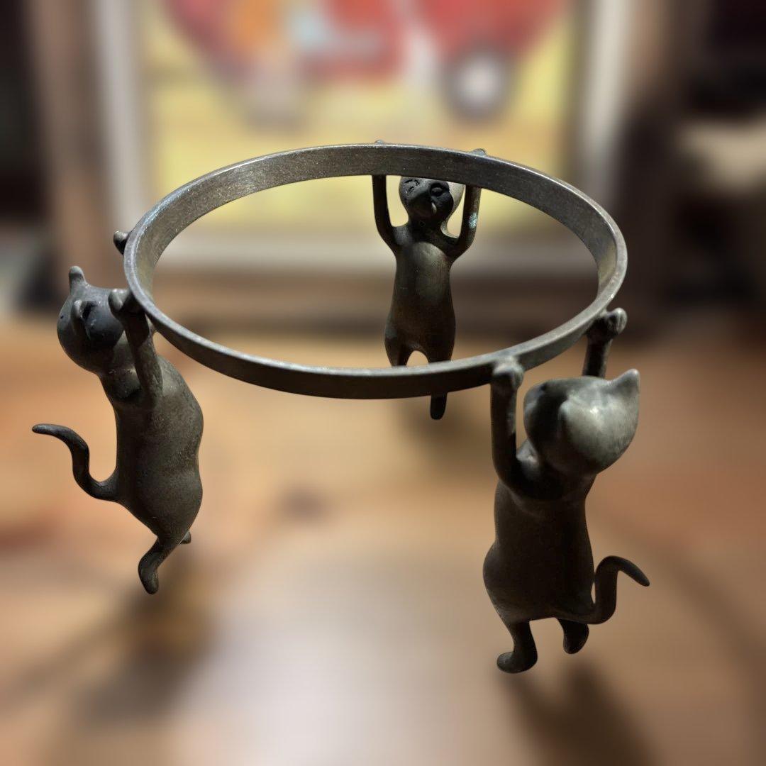 銅製 五徳 三猫 猫 火鉢 囲炉裏 茶道具 鍋置き 蓋置 金属工芸 三匹猫