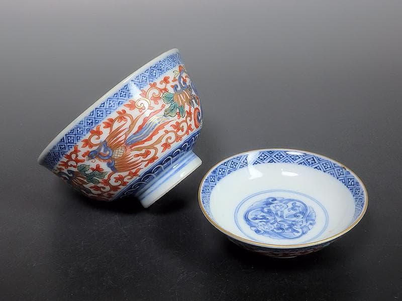 古伊万里　色絵　花唐草に鳳凰の図　蓋茶碗　２客C239A-B -BDg