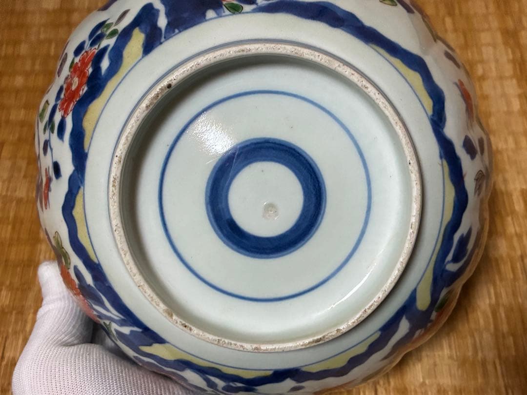 古伊万里 染付 金彩 菊紋 牡丹紋 輪花 深鉢 盛鉢 時代物