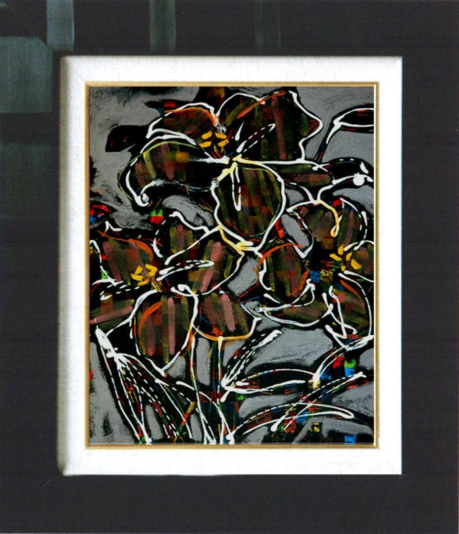 油絵 菅家令子 絵画インテリア額付(青緑＋金色の枠) F4-090416 花ゆり