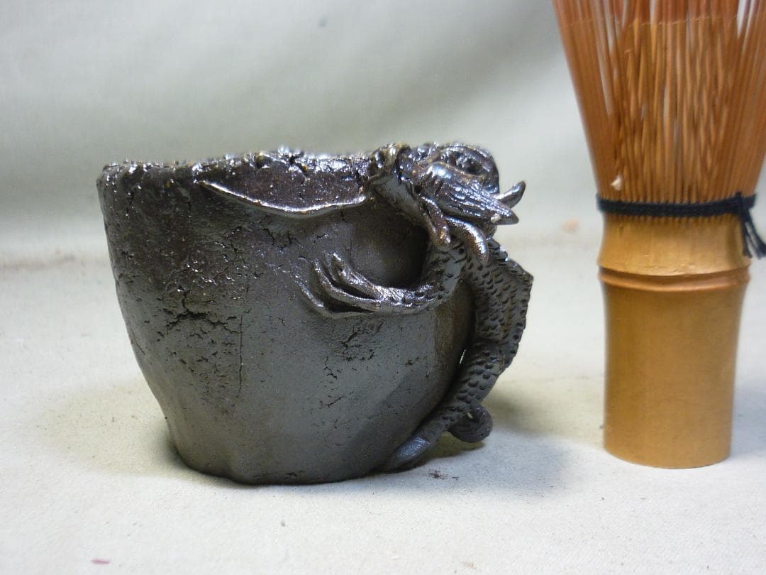 備前焼　龍巻ぐい呑　酒呑　煎茶碗に！細密龍細工