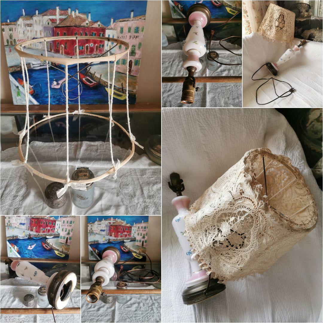 アンティーク ランプスタンド&電球 ハンドペイント 小花リボン手描きポーセリン