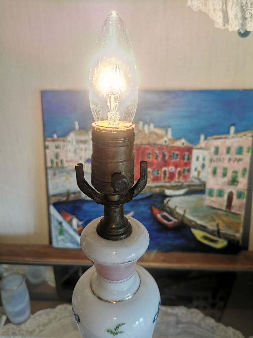 アンティーク ランプスタンド&電球 ハンドペイント 小花リボン手描きポーセリン