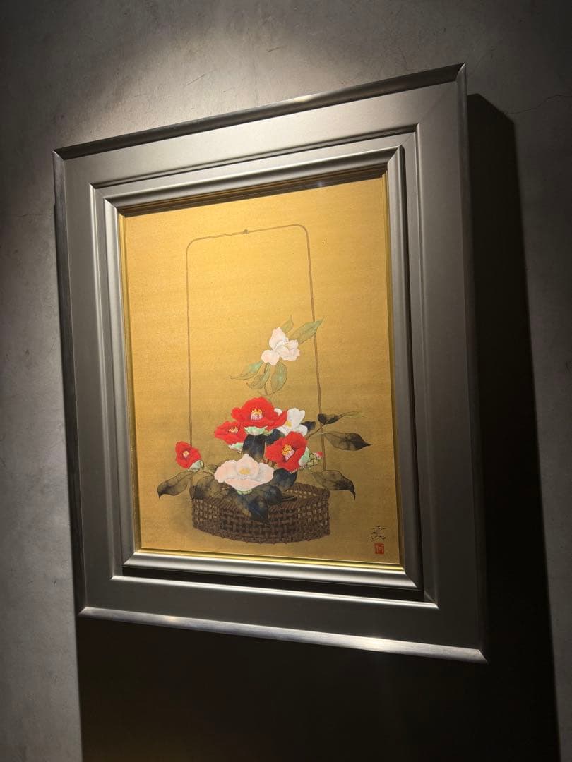 河出幸之助【椿】　肉筆日本画　直筆サインあり