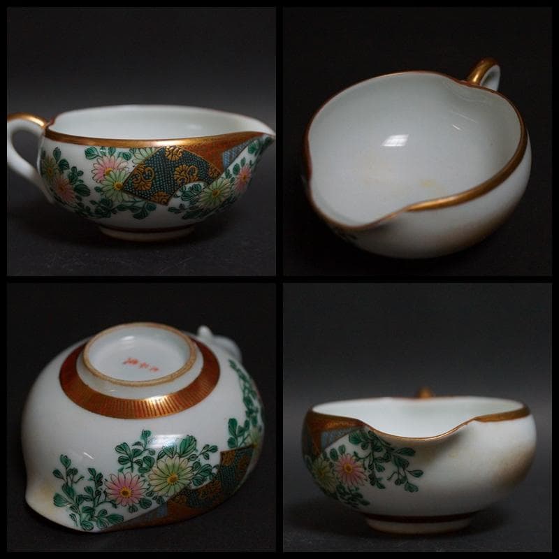 明治期 九谷焼手描青粒金彩色絵『菊唐草文』横手急須/湯冷まし/煎茶碗(四客)