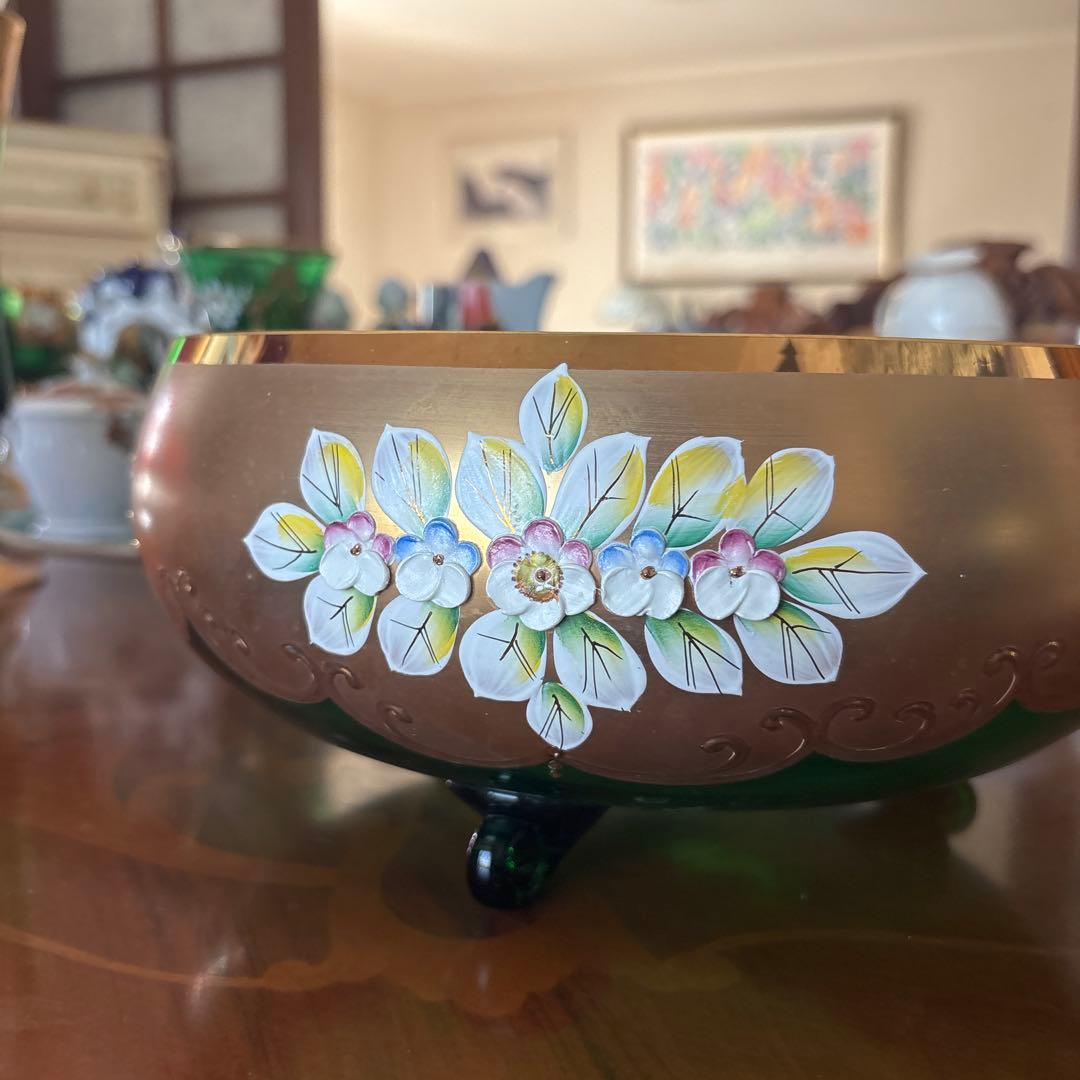 緑と金の花柄ガラス皿