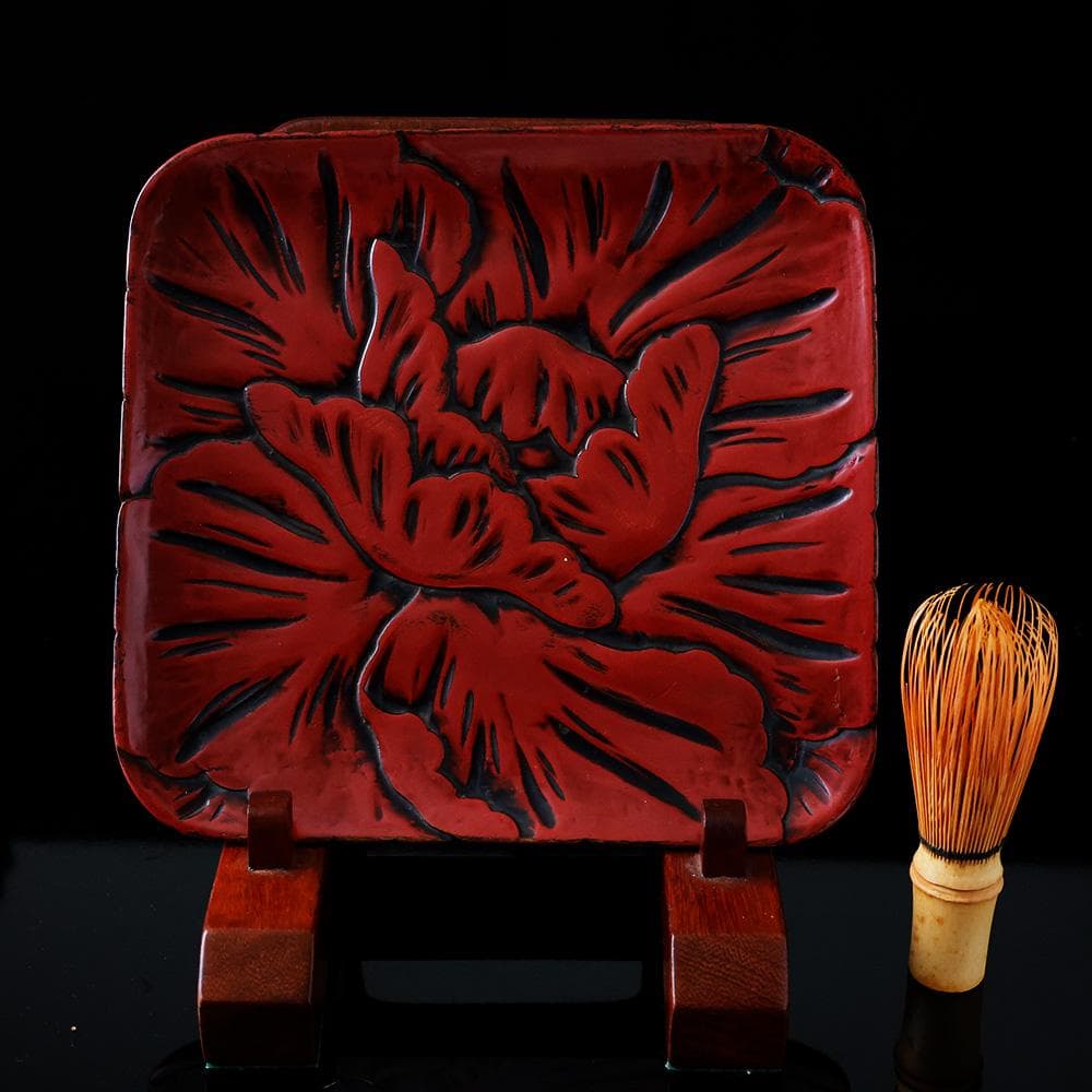 時代年代物 木製漆器 鎌倉彫 牡丹文 長方盆 飾皿 茶道具 煎茶道具 黄布