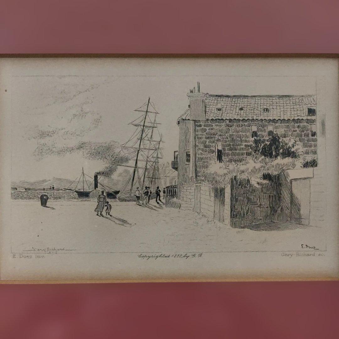 デュエス E. Duez 銅版画『ノルマンディーの港町』1892年制作他、計2点