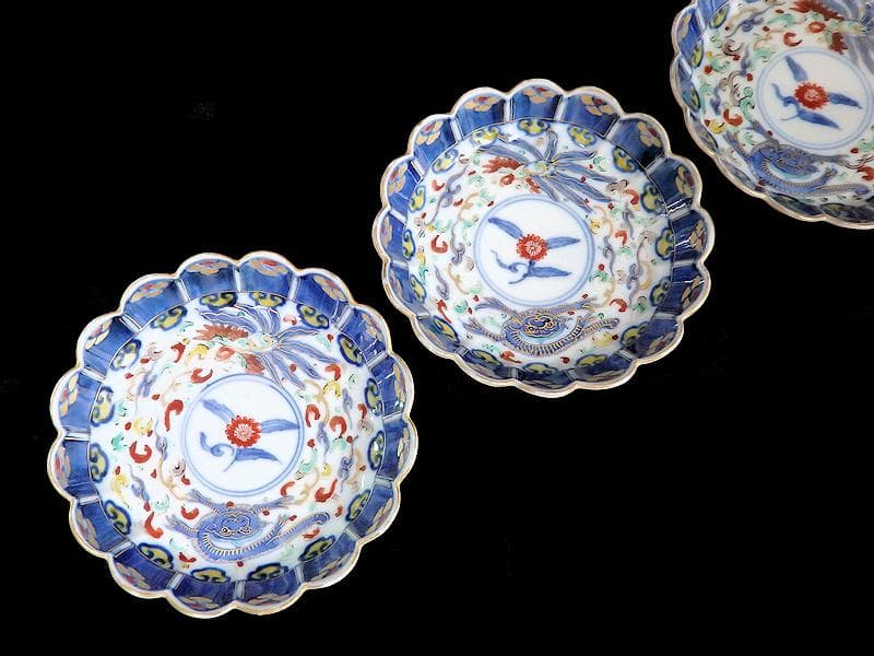 大聖寺伊万里　金襴手　鳳凰に雲龍の図　輪花４寸皿　３枚　E343AS-CBr