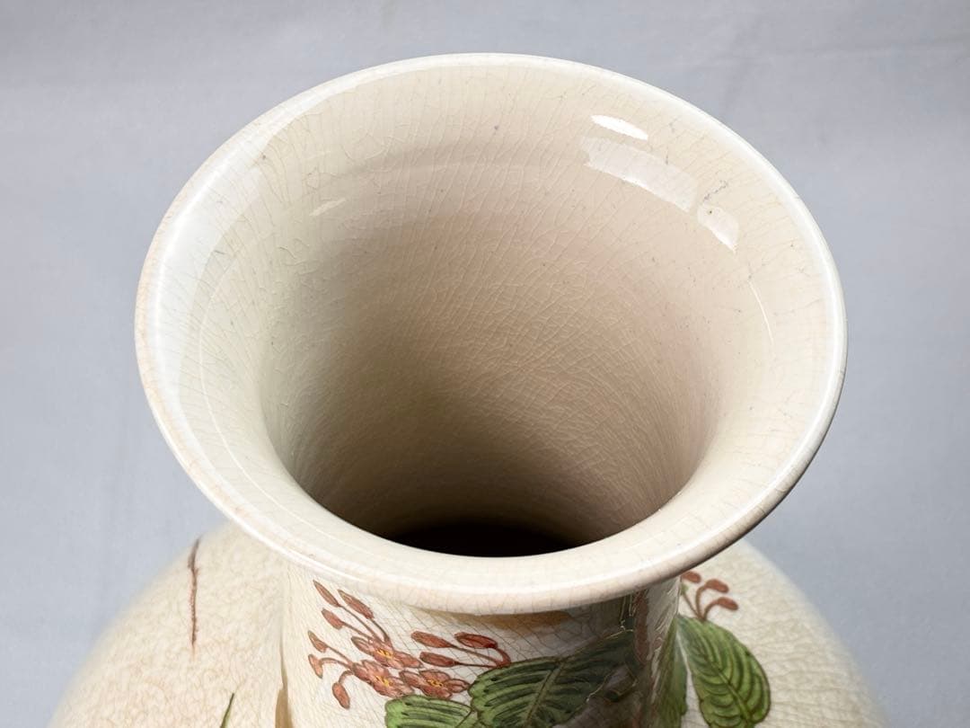 白薩摩 島津家 【丸十字薩摩】印 金彩色絵花鳥図 大花瓶 花器R7112315