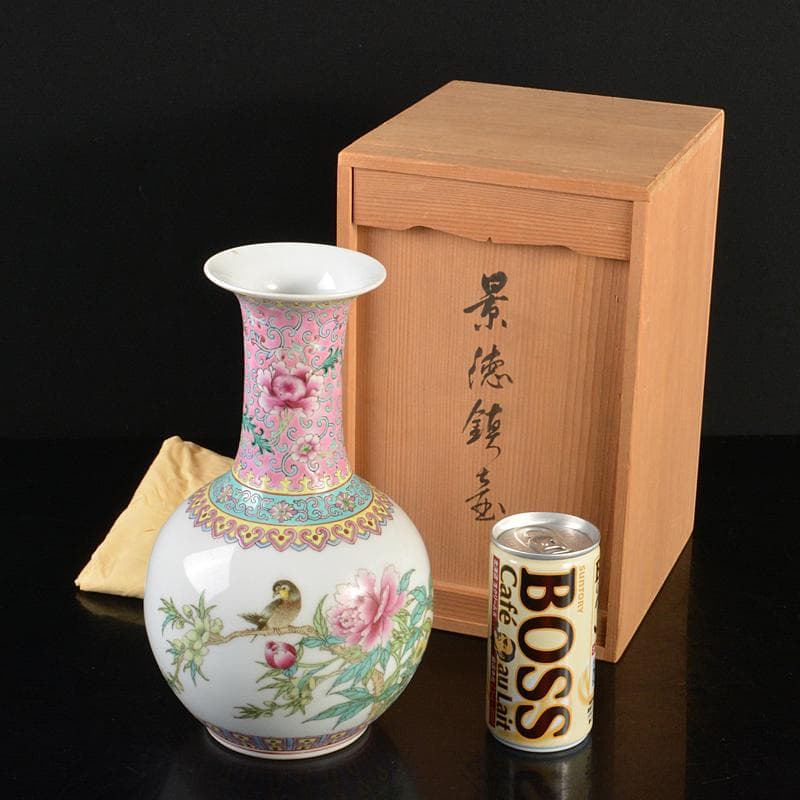 中国　中国景徳鎮製　粉彩　漢詩花鳥文　玉壷春瓶　時代箱付　M　R6427