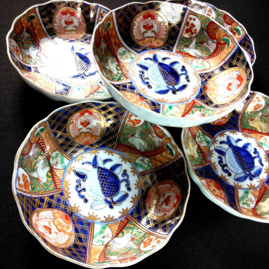 明治～大正 古伊万里 絢爛豪華 金襴手 二重角冨紋 膾皿 5客揃 角富 なます皿