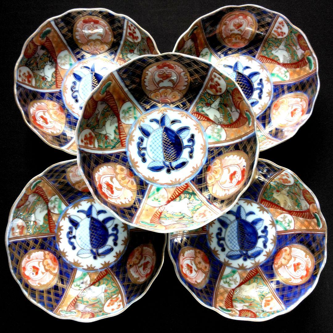 明治～大正 古伊万里 絢爛豪華 金襴手 二重角冨紋 膾皿 5客揃 角富 なます皿