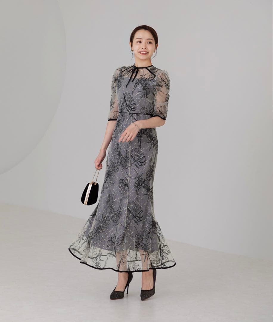 花柄リボンパフスリーブマーメイドワンピースドレス結婚式パーティー成人式二次会