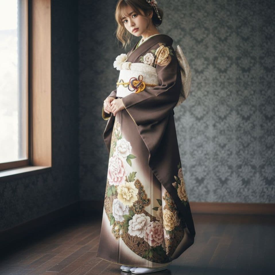 振袖フルセット(8点)・作家物・落款入り・更紗牡丹・高級縮緬・モダン・逸品