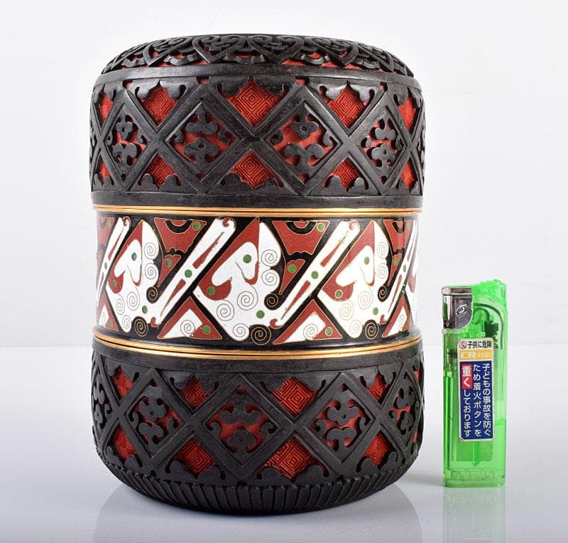 中国　剔紅　堆朱　堆黒　内七宝　雲龍文　三段重箱　H　R5782