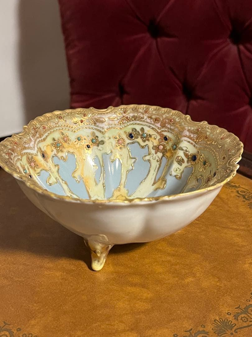 オールドノリタケ　メイプルリーフ印　ハンドペイント　ジュエル盛　ボウル