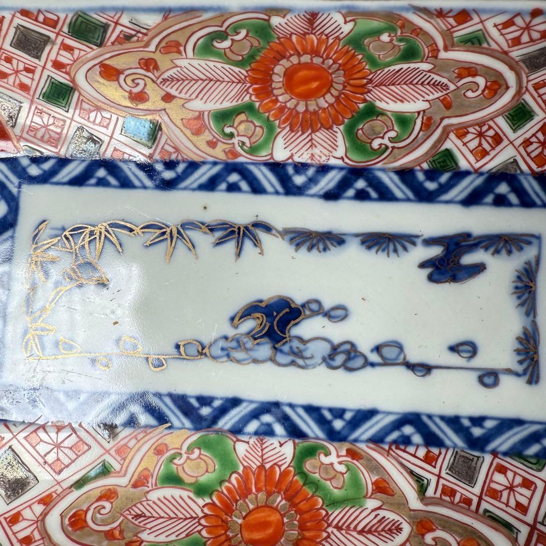 幕末〜明治時代　色絵草花文様長皿　四客　裏唐草文様　絢爛豪華　20.3cm