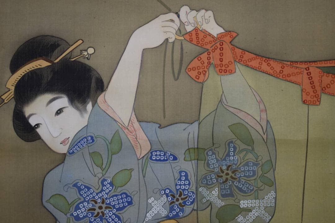 真作/竹園/蚊帳美人図/布袋屋掛軸HE-738