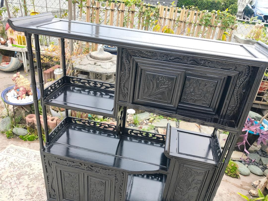 (送料設置込み) 高級茶棚☆飾り棚 ☆茶箪笥☆唐木☆収納棚☆透かし彫り☆無垢