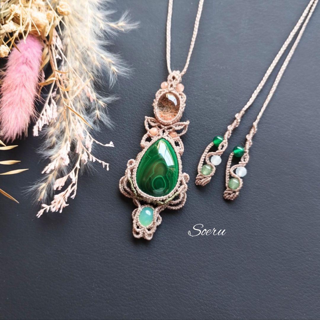 【ちーさん】マラカイト＆ガーデンクォーツのマクラメ編みネックレス他　天然石