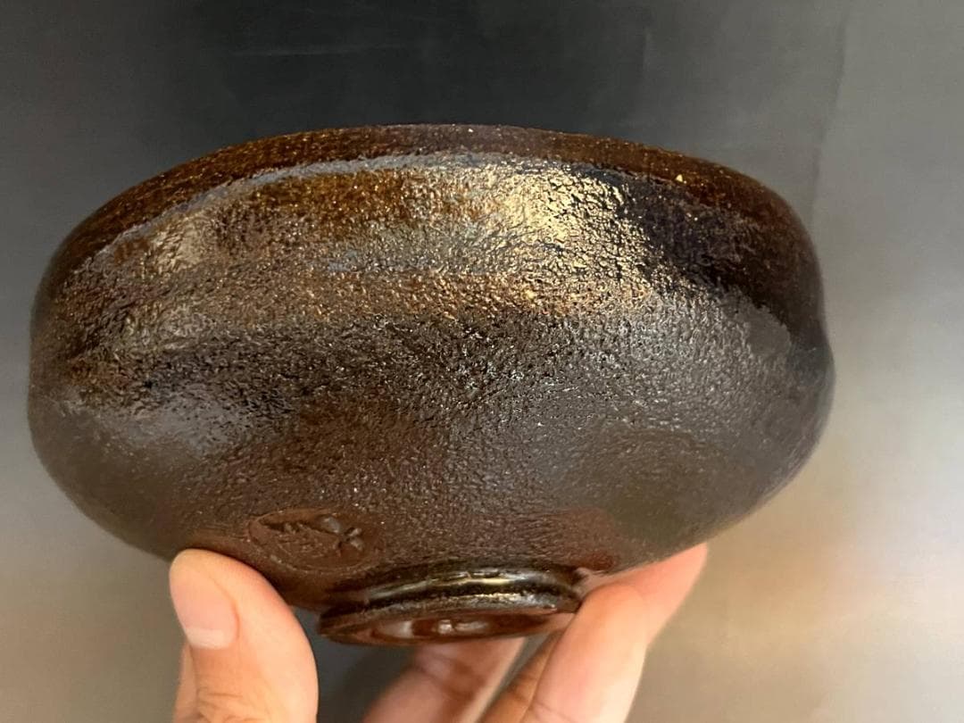 茶碗■大樋焼き【中村長阿弥】馬ダライ型平茶碗 茶釉 桐共箱 お茶道具 骨董品■