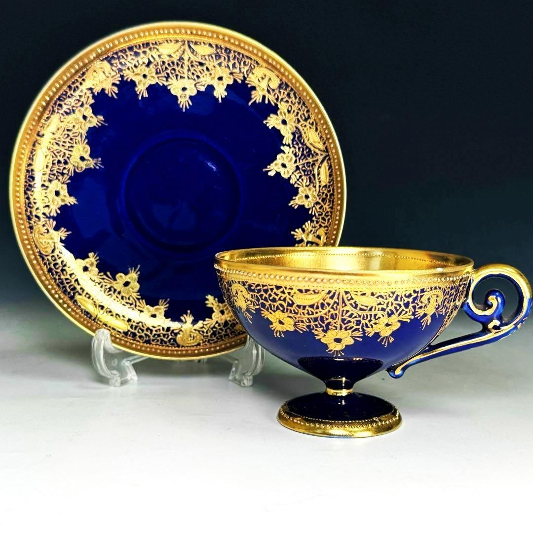 逸品■オールドノリタケ コバルト 金盛 レース装飾 ペディスタル カップソーサー