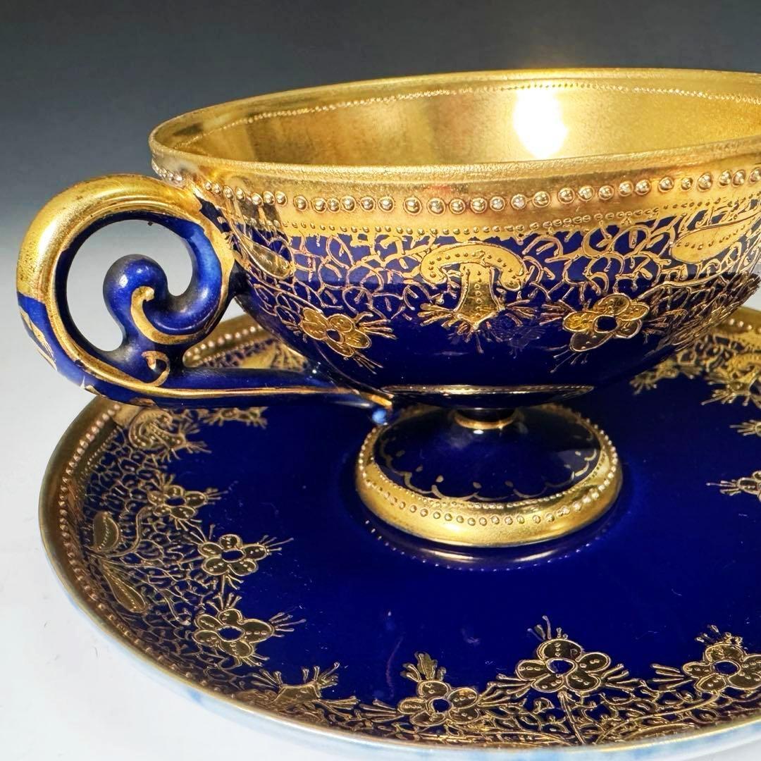 逸品■オールドノリタケ コバルト 金盛 レース装飾 ペディスタル カップソーサー
