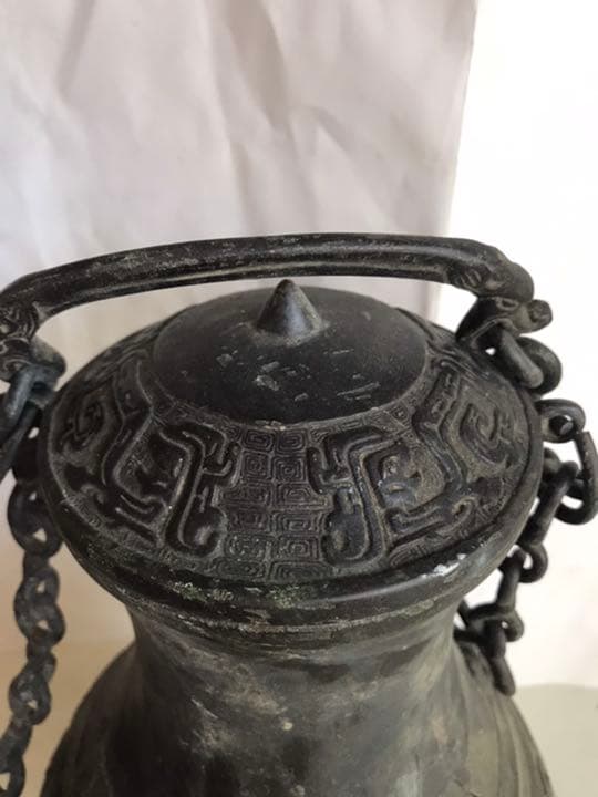 古董，藏友旧藏寄売，青銅製，「商獸面紋提梁器」祭祀品，附葬品，文房置物，賞物。