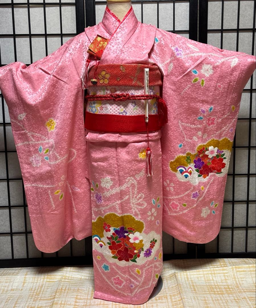 七五三　着物セット　7歳　正絹　絞り　友禅　桜色　美品　新品